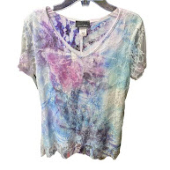Brittany Black | NWOT Lace Overlay Abstract Floral Blouse Top | Size: M - Picture 1 of 14